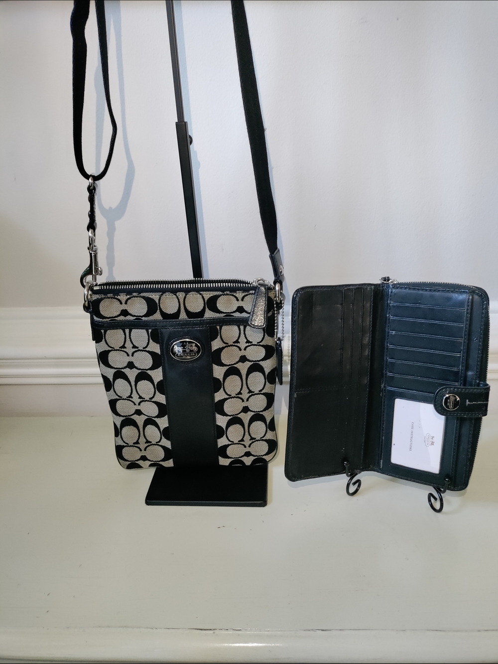 Coach Black and Cream Signature Canvas Crossbody with Matching Wallet